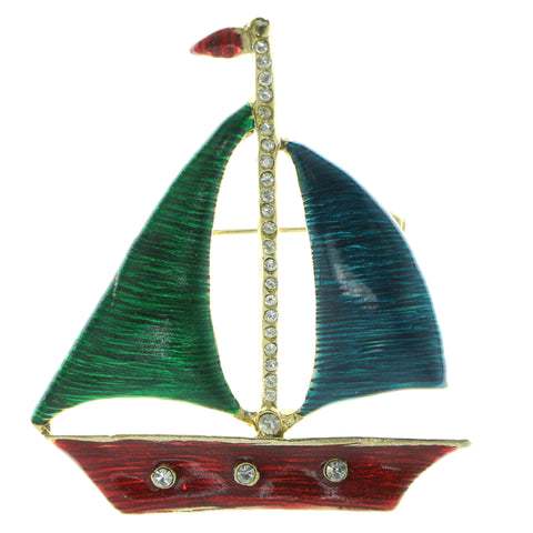 Sailboat Brooch-Pin With Crystal Accents Gold-Tone & Multi Colored #LQP411