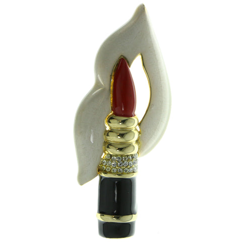 Lips Lipstick Brooch-Pin With Crystal Accents Gold-Tone & Multi Colored #LQP452