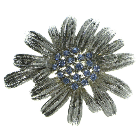 Flower Brooch Pin With Crystal Accents Silver-Tone & Blue Colored #LQP52