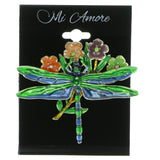 Dragonfly Flowers Brooch-Pin Silver-Tone & Multi Colored #LQP531