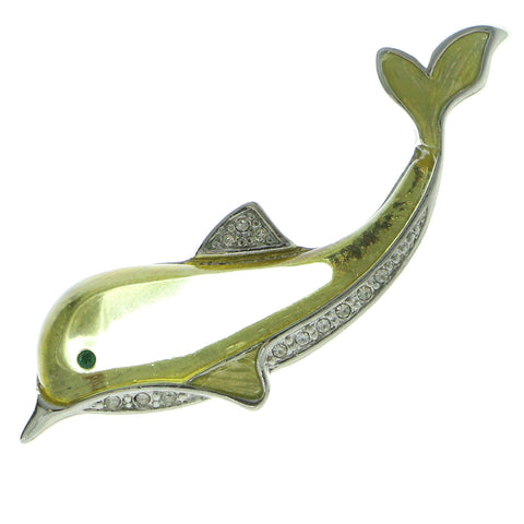 Dolphins Brooch-Pin With Crystal Accents Silver-Tone & Green Colored #LQP808