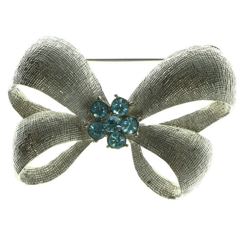 Bow Brooch Pin With Crystal Accents Silver & Blue Colored #LQP89