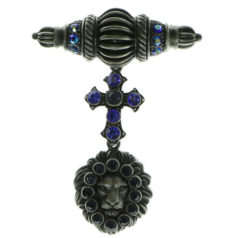 Lion Brooch Pin With Crystal Accents Silver & Blue Colored #LQP97