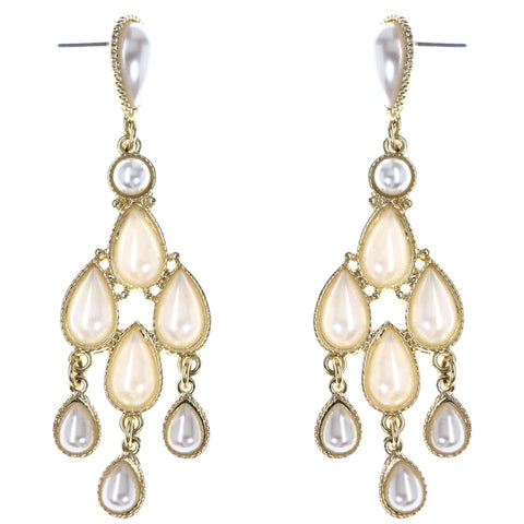 White & Gold-Tone Colored Metal Drop-Dangle-Earrings With Bead Accents #MQE048