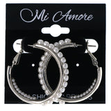Silver-Tone & White Colored Metal Hoop-Earrings With Bead Accents #MQE081