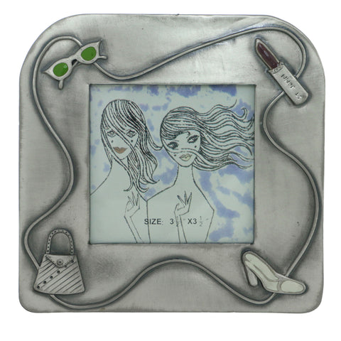 Fashion Themed Holds approx. 3x3in Photo Picture-Frame Pewter & Multi Colored #PF78