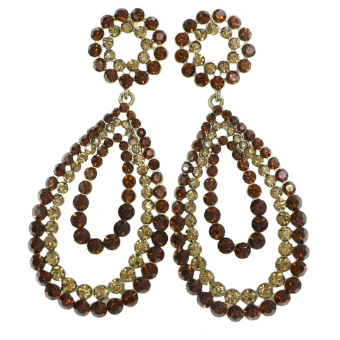 Gold-Tone & Brown Colored Metal Drop-Dangle-Earrings With Crystal Accents #4184