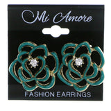 Flower Stud-Earrings With Crystal Accents Gold-Tone & Blue Colored #4223