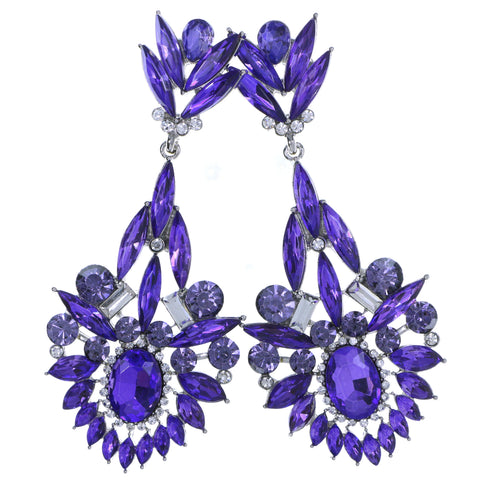Silver-Tone & Purple Colored Metal Drop-Dangle-Earrings With Crystal Accents #4183