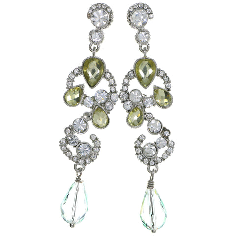 Silver-Tone & Yellow Colored Metal Drop-Dangle-Earrings With Crystal Accents #4224
