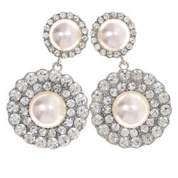 Silver-Tone & Pink Colored Metal Drop-Dangle-Earrings With Crystal Accents #4213