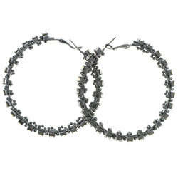 Black Metal Hoop-Earrings With Crystal Accents #4217