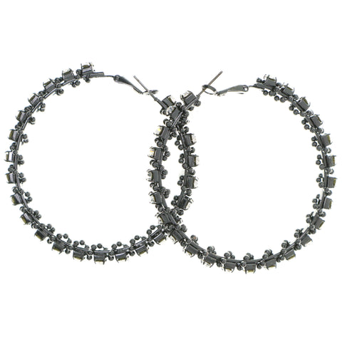 Black Metal Hoop-Earrings With Crystal Accents #4217