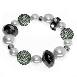 White & Gray Colored Acrylic Beaded-Stretch-Bracelet With Crystal Accents #2363