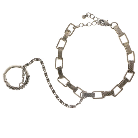 Antique Silver Matching Ring Fashion-Bracelet  With Crystal Accents Silver-Tone Color #2365