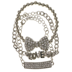 Love Bow 3 Piece Multiple-Chain-Bracelet With Crystal Accents Silver-Tone Color #2370
