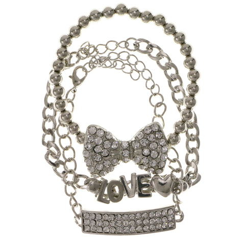 Love Bow 3 Piece Multiple-Chain-Bracelet With Crystal Accents Silver-Tone Color #2370