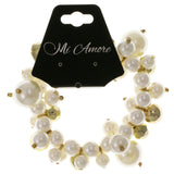 White & Gold-Tone Colored Acrylic Stretch-Bracelet With Bead Accents #2387