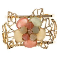 Flower Leaves Cuff-Bracelet With Faceted Accents Colorful & Gold-Tone Colored #2431