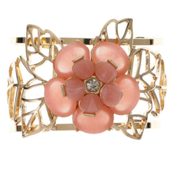 Flower Leaves Cuff-Bracelet With Crystal Accents Pink & Gold-Tone Colored #2457