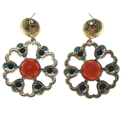 Flower Dangle-Earrings With Faceted Accents Gold-Tone & Orange Colored #1604