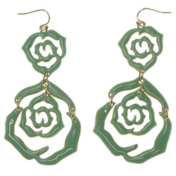 Rose Dangle-Earrings Green & Gold-Tone Colored #1613