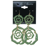 Rose Dangle-Earrings Green & Gold-Tone Colored #1613