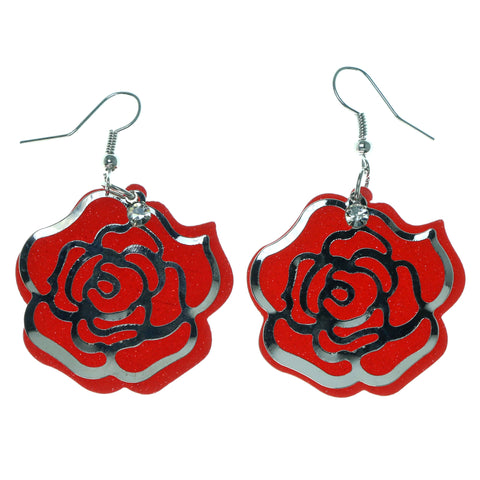 Rose Sparkle Dangle-Earrings With Crystal Accents Red & Silver-Tone Colored #1626