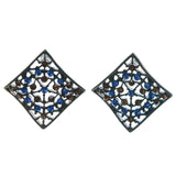 Brown  & Blue Colored Metal Stud-Earrings With Crystal Accents #1640