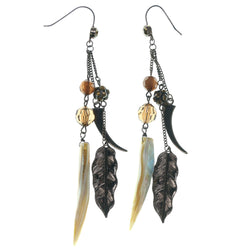 Feather Dangle-Earrings With Stone Accents Bronze-Tone & Brown Colored #1659