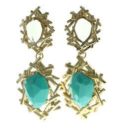 Gold-Tone & Blue Metal Drop-Dangle-Earrings With Faceted Accents #549