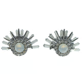 Silver-Tone & White Colored Metal Stud-Earrings With Crystal Accents #556
