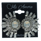 Silver-Tone & White Colored Metal Stud-Earrings With Crystal Accents #556