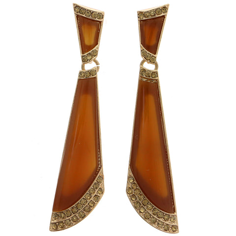 Brown & Gold-Tone Colored Metal Drop-Dangle-Earrings With Crystal Accents #1780