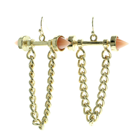 Gold-Tone & Pink Colored Metal Dangle-Earrings With Stone Accents #566