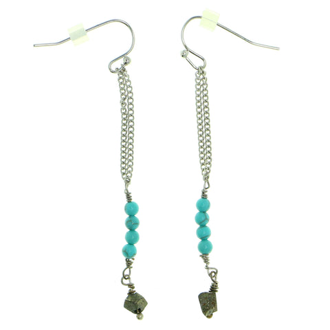 Blue & Silver-Tone Colored Metal Dangle-Earrings With Bead Accents #1827