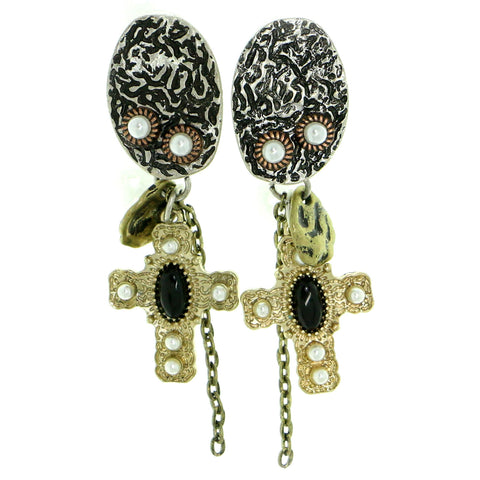 cross Drop-Dangle-Earrings With Bead Accents Colorful & Tri-Tone Colored #1832