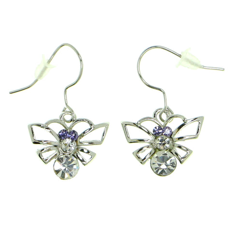 butterfly Dangle-Earrings With Crystal Accents Silver-Tone & Purple Colored #1833