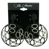 Silver-Tone & Black Colored Metal Drop-Dangle-Earrings With Crystal Accents #1844