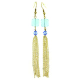 Gold-Tone & Blue Colored Metal Dangle-Earrings With Bead Accents #1851