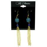 Gold-Tone & Blue Colored Metal Dangle-Earrings With Bead Accents #1851