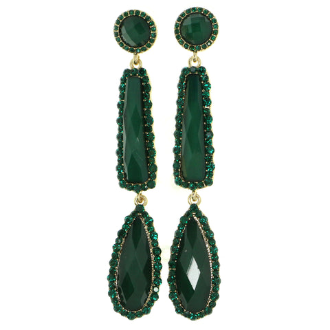 Green & Gold-Tone Colored Metal Drop-Dangle-Earrings With Crystal Accents #1861