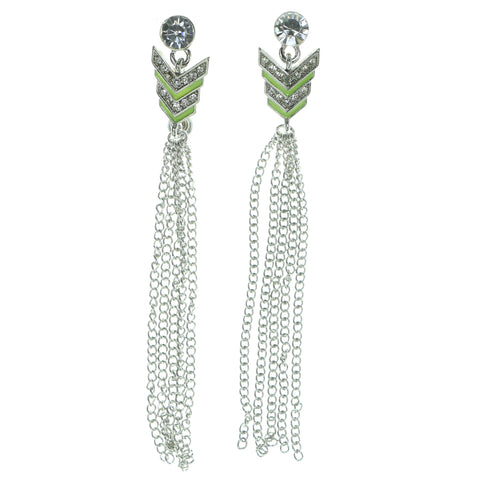 Silver-Tone & Green Colored Metal Drop-Dangle-Earrings With Tassel Accents #1892