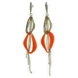 Gold-Tone & Orange Colored Metal Drop-Dangle-Earrings With Tassel Accents #1893
