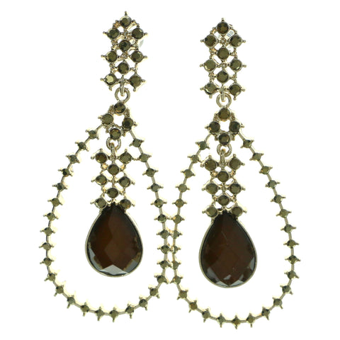 Gold-Tone & Brown Colored Metal Drop-Dangle-Earrings With Faceted Accents #1944