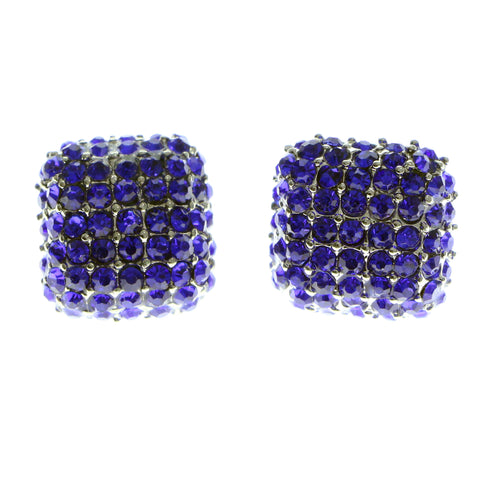 Blue & Silver-Tone Colored Metal Stud-Earrings With Crystal Accents #582