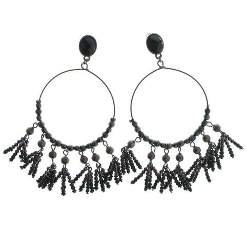 Bronze-Tone & Black Colored Metal Drop-Dangle-Earrings With Bead Accents #583