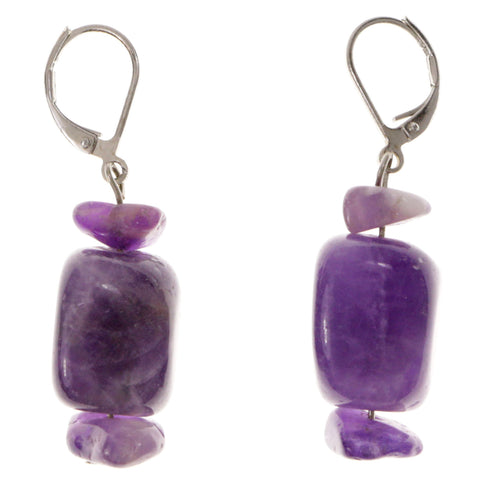 Purple & Silver-Tone Colored Metal Dangle-Earrings With Stone Accents #1999