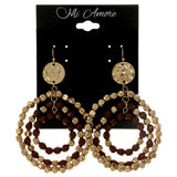Gold-Tone & Brown Colored Metal Dangle-Earrings With Bead Accents #2008