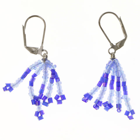 Blue & Silver-Tone Colored Acrylic Dangle-Earrings With Bead Accents #2011
